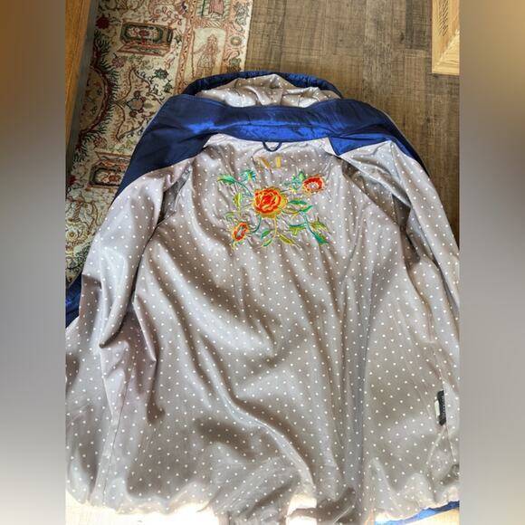 MYCRA PAC BLUE RAIN JACKET FLORAL EMBROIDERY GREY HEART LINING SIZE 3 XL - Picture 5 of 8